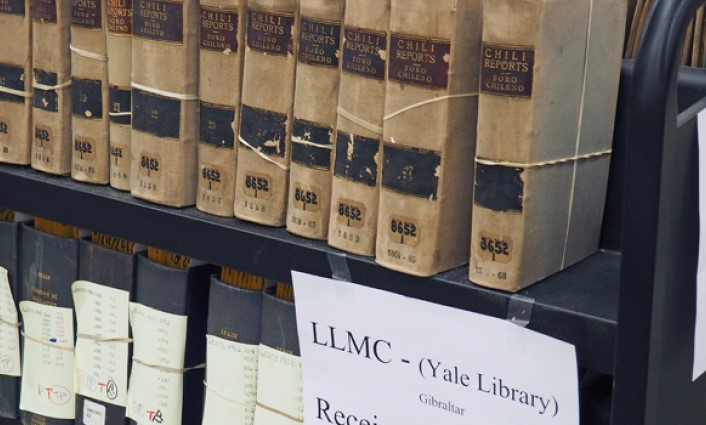 Photo of older, at-risk legal materials on library shelves